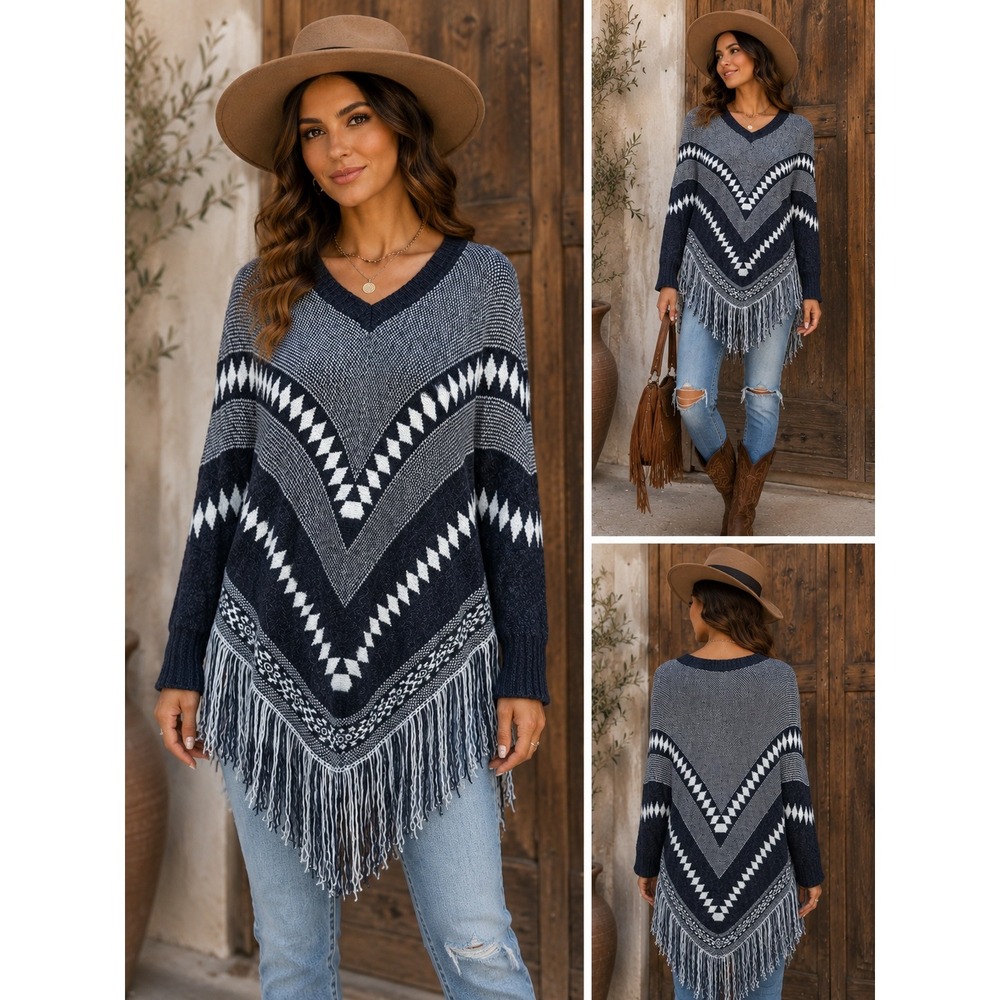 Boho Fringe Poncho Sweater Navy Gray Aztec Western Festival Cozy‎